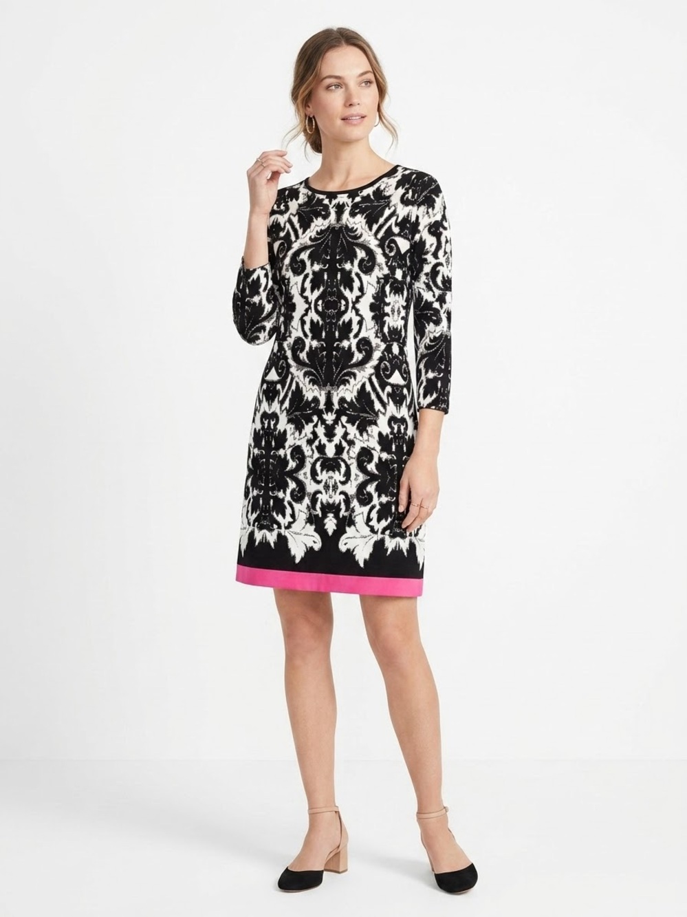 Eliza J Damask Shift Dress Black White Hot Pink Zip Back Size 8